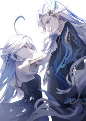 Rule 34 | 1boy, 1girl, absurdres, ahoge, ascot, blue eyes, blue hair, closed mouth, commentary request, focalors (genshin impact), furina (genshin impact), genshin impact, grey hair, hair between eyes, hand on another&#039;s cheek, hand on another&#039;s face, haru same322, highres, light blue hair, long hair, looking at another, looking up, multicolored hair, neuvillette (genshin impact), purple eyes, sidelocks, simple background, smile, spoilers, streaked hair, two-tone hair, upper body, white ascot, white background