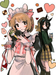 2girls absurdres alternate_costume animal_ears apron black_dress black_hair blush boots bow bowtie box brown_eyes brown_hair closed_mouth collared_dress dress ear_covers enmaided gift gift_box green_shirt hat heart heart-shaped_box highres horse_ears horse_girl horse_tail long_hair long_sleeves looking_at_another looking_at_viewer looking_back maid maid_apron maid_headdress manhattan_cafe_(umamusume) multicolored_hair multiple_girls open_mouth plaid_clothes plaid_skirt puffy_short_sleeves puffy_sleeves scrunchie shirt short_hair short_sleeves skirt standing streaked_hair subaru_(user_tmwv7722) tail umamusume valentine white_background wrist_scrunchie yellow_eyes yellow_skirt yukino_bijin_(umamusume)