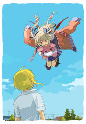 Rule 34 | 2girls, absurdres, blonde hair, blue sky, border, day, demon wings, facing another, falling, grey hair, happy, highres, hugging object, jacket, jacket on shoulders, long hair, makaino ririmu, midair, mini wings, moku (kedr2558), multiple girls, nijisanji, open mouth, orange jacket, outdoors, overhead line, pink hair, red wings, shirt, short hair, skirt, sky, slice of life, stuffed animal, stuffed rabbit, stuffed toy, tree, uzuki kou, virtual youtuber, white border, white shirt, wind, wings