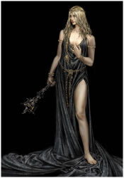 1girl absurdres armlet barefoot black_background black_dress blonde_hair border bracelet braid circlet contrapposto dress elden_ring gold_armlet gold_belt gold_bracelet gold_circlet gold_diadem hammer highres holding holding_hammer holding_weapon jewelry looking_to_the_side metal_belt queen queen_marika_the_eternal robinrot side_slit single_braid solo standing weapon white_border yellow_eyes