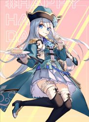 1girl ban_hada ban_hada_(1st_costume) bicorne black_thighhighs blue_eyes cake canata_katana eating food fruit gloves hat high_heels highres long_hair looking_at_viewer nijisanji nijisanji_kr pink_background plate skirt smile solo strawberry thighhighs thighs utensil_in_mouth virtual_youtuber white_gloves white_hair white_skirt