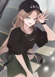 1boy absurdres baseball_cap black_hat black_shirt blonde_hair book commentary crossdressing green_eyes green_skirt hat highres holding holding_book long_hair looking_at_viewer open_mouth original shirt skirt solo trap watch wristwatch zurui_ninjin