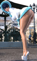 1girl 3d absurdres arched_back ass blue_eyes blue_gloves blue_hair breasts closed_mouth coat gloves highres hood hood_up large_breasts lips looking_at_viewer marinette_dupain-cheng miraculous_ladybug pantyhose paris photo_background platform_heels rui_dx shoes smile white_coat white_shoes