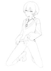 1girl amate_yuzuriha anli_(jwcpp4sum0mgk5r) bottomless commentary diagonal-striped_clothes diagonal-striped_necktie female_pubic_hair gundam gundam_gquuuuuux hashtag-only_commentary highres kneeling looking_at_viewer necktie pubic_hair pussy short_hair simple_background solo striped_clothes sweater white_background