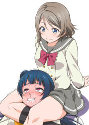 10s 2girls arm_support asphyxiation black_socks blue_eyes blue_hair blush brown_hair choke_hold clenched_teeth commentary_request drooling foaming_at_the_mouth full-face_blush grey_hair hair_bun headscissor kneehighs long_hair looking_at_another looking_down love_live! love_live!_sunshine!! multiple_girls purple_eyes rolling_eyes runny_nose saliva scissorhold short_hair simple_background single_hair_bun smile snot socks strangling tears teeth trembling tsushima_yoshiko watanabe_you white_background youkan