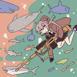 1girl absurdres black_gloves black_necktie black_skirt bolt_action brown_jacket cheytac_m200 commentary english_commentary fish girls&#039;_frontline gloves grey_hair grin gun highres holding holding_weapon hood hooded_jacket jacket long_sleeves m200_(girls&#039;_frontline) miniskirt myticalcat necktie parted_lips pleated_skirt ponytail purple_eyes rifle shark sharp_teeth shirt simple_background skirt smile sniper_rifle socks solo teeth weapon whale_shark white_shirt