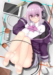 1girl absurdres barefoot black_skirt bob_cut borumete bow bowtie boxcutter breasts closed_mouth collared_shirt commentary_request glasses grey_background gridman_universe hand_up headphones highres jacket large_breasts long_sleeves looking_at_viewer miniskirt open_clothes open_jacket pink-framed_eyewear pleated_skirt puffy_long_sleeves puffy_sleeves purple_bow purple_bowtie purple_eyes purple_hair purple_jacket semi-rimless_eyewear shinjou_akane shirt short_hair skirt smile soles solo ssss.gridman tablet_pc under-rim_eyewear white_shirt