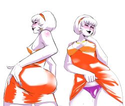1girl ass cameltoe clothes_lift covered_erect_nipples dress dress_lift earrings female_focus from_below hairband half-closed_eyes highres homestuck jewelry lifting_own_clothes lysanthum multiple_views naughty_face orange_dress panties pink_lips pink_panties pussy_juice rose_lalonde short_hair smile underwear white_hair