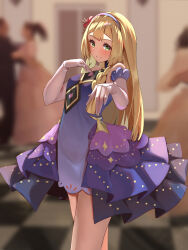1girl bare_shoulders blonde_hair blurry blurry_background blush depth_of_field dress elbow_gloves flower gloves green_eyes hair_flower hair_ornament highres indoors lillie_(anniversary_2021)_(pokemon) lillie_(pokemon) long_hair looking_at_viewer momdy_(talesshinja) nintendo official_alternate_costume pokemon pokemon_masters_ex purple_dress red_flower sleeveless sleeveless_dress solo white_gloves