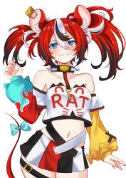 1girl :3 absurdres animal_ear_fluff animal_ears asymmetrical_sleeves bare_shoulders black_collar black_hair blue_eyes bow breasts collar colored_tips commentary_request cowboy_shot crossed_bangs cyanzan dice_hair_ornament double-parted_bangs flame_print hair_between_eyes hair_ornament hakos_baelz hakos_baelz_(1st_costume) hand_up highres hololive hololive_english layered_sleeves long_sleeves looking_at_viewer midriff miniskirt mismatched_sleeves mouse_ears mouse_girl mouse_tail mousetrap multicolored_hair multicolored_skirt navel off-shoulder_shirt off_shoulder pleated_skirt red_hair shirt short_over_long_sleeves short_sleeves simple_background skirt small_breasts solo spiked_collar spikes straight-on streaked_hair tail tail_bow tail_ornament twintails uneven_twintails virtual_youtuber white_background white_hair white_shirt