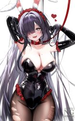 1girl animal_collar animal_ear_fluff animal_ears arm_behind_head black_gloves black_hair black_leotard breasts collar collarbone elbow_gloves frilled_leotard frills gloves grey_eyes heart heart_in_eye highres isono_(isonoproject) large_breasts leash leotard long_hair mole mole_on_breast mole_under_eye multiple_moles open_mouth original pantyhose pole rabbit_ears red_collar smile solo stripper_pole sweat symbol_in_eye torn_clothes torn_pantyhose twitter_username