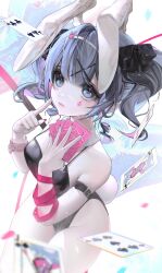 1girl absurdres animal_ears arm_strap bare_shoulders black_leotard blue_eyes blue_hair bow breasts card commentary detached_collar eskm00 fake_animal_ears hair_ornament hatsune_miku highres holding holding_card leotard looking_up medium_breasts pale_skin pantyhose pink_nails playboy_bunny playing_card rabbit_ears rabbit_hole_(vocaloid) short_twintails solo standing teardrop_facial_mark twintails vocaloid wavy_hair x_hair_ornament