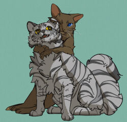 Rule 34 | :3, animal, animal focus, aqua background, blue eyes, briarlight, brother and sister, brown cat, brown fur, bumblestripe, cat, commentary, fugu (fugusunburst55), grey cat, grey fur, highres, hug, looking at another, no humans, omen of the stars, one eye closed, open mouth, siblings, simple background, sitting, smile, warrior cats, whiskers, yellow eyes
