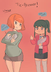 2girls absurdres baby blunt_bangs blunt_ends blush breasts bright_pupils cafin cowboy_shot dark-skinned_female dark_skin english_text female_focus girlfriend_(yoru_mac) green_eyes green_hair green_sweater grin hands_on_own_hips highres large_breasts looking_at_another mature_female middle_finger miniskirt mother_(yoru_mac) multiple_girls orange_hair ponytail pout rivalry short_ponytail short_shorts shorts sidelocks simple_background sketch skirt smile sweater yoru_mac