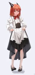 1girl absurdres bow bowtie clothes_lift dragon_horns dress dress_lift frilled_dress frills high_heels highres horns kuuhaku_(pskf2372) laika_(slime_taoshite_300_nen) lifting_own_clothes looking_at_viewer maid medium_hair red_bow red_bowtie red_eyes red_hair slime_taoshite_300_nen_shiranai_uchi_ni_level_max_ni_nattemashita solo standing white_background