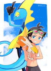 1boy alternate_costume black_hair blue_eyes cloud collarbone commentary day gen_8_pokemon goggles goh_(pokemon) grin highres holding holding_water_gun inteleon male_focus male_swimwear nintendo outdoors pokemon pokemon_(anime) pokemon_(creature) pokemon_journeys pokesumomo short_hair sky smile swim_trunks symbol-only_commentary teeth topless_male twitter_username water_gun