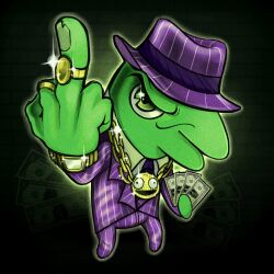 1boy banknote chain chain_necklace dollar_bill facial_hair fedora formal_clothes full_body gangster_spongebob_(meme) glep_(smiling_friends) gold_necklace green_eyes hat highres holding holding_money jewelry just_a_shrimpp male_focus meme middle_finger money mustache necklace necktie purple_necktie purple_suit ring smiling_friends suit