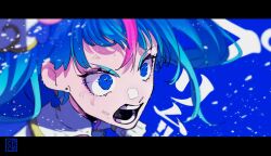 1girl aoi_tete artist_logo blue_eyes blue_hair commentary cure_sky earrings frown glaring highres hirogaru_sky!_precure jewelry letterboxed logo looking_to_the_side magical_girl multicolored_hair open_mouth pink_hair precure solo sora_harewataru streaked_hair two-tone_hair v-shaped_eyebrows