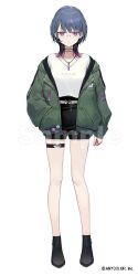 1girl black_shorts blue_hair breasts commentary_request copyright_notice ear_piercing full_body green_jacket jacket jewelry koshimizu_toru_(3rd_costume) looking_at_viewer medium_breasts mole mole_under_eye multicolored_hair necklace nijisanji open_clothes open_jacket piercing purple_eyes purple_hair shirt shorts siiqa_vivi simple_background skindentation solo standing thigh_strap virtual_youtuber white_background white_shirt wolf_cut
