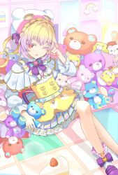 1girl 2windrill blonde_hair cake cake_slice commentary_request dress food foot_out_of_frame gradient_background hand_up hanitan hat highres indoors one_eye_closed open_mouth pink_eyes pretty_series purple_hair rubbing_eyes sitting solo stuffed_animal stuffed_toy teddy_bear waccha_primagi! white_dress white_hat