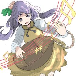 1girl bifidus_(exkagerou8665) dress flower hair_flower hair_ornament highres instrument long_sleeves looking_up music one-hour_drawing_challenge playing_instrument puffy_long_sleeves puffy_sleeves purple_eyes purple_hair smile solo touhou tsukumo_benben white_background yellow_dress