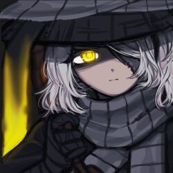 1girl bandage_over_one_eye bandaged_arm bandages conical_hat faust_(project_moon) grey_background grey_scarf hand_wraps hat heishou_pack-mao_branch_(identity)_(project_moon) highres limbus_company looking_at_viewer nra_3614 one_eye_covered project_moon ribbon rice_hat scarf short_hair simple_background solo upper_body white_hair yellow_eyes yellow_ribbon