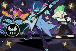 1boy 1girl 1other animal_ears blue_skin colored_skin colored_teeth deltarune drum drum_set electric_guitar furry goat_boy goat_ears green-framed_eyewear guitar highres instrument kris_(deltarune) microphone multicolored_hair music official_alternate_costume official_art playing_instrument ralsei singing streaked_hair susie_(deltarune) temmie_chang yellow_teeth