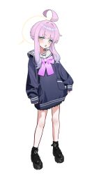 1girl :3 absurdres ahoge black_shoes blue_archive blue_shirt blush bow bowtie collarbone gradient_hair green_eyes half_updo halo highres kaya_(blue_archive) long_hair long_sleeves looking_at_viewer momip multicolored_hair open_mouth pink_bow pink_bowtie pink_hair sailor_collar shirt shoes simple_background sleeves_past_wrists smile solo sweat thighs two-tone_hair white_background white_sailor_collar yellow_halo