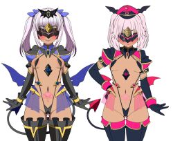 1girl 2girls areola_slip black_gloves blindfold blush breasts corruption covered_erect_nipples dark-skinned_female dark_persona dark_skin demon_tail demon_wings elbow_gloves eye_mask frozen_gingasan gloves gluteal_fold gunslinger_stratos hat highres long_hair low_wings mask multiple_girls multiple_views navel one-piece_swimsuit pink_hair pubic_tattoo rindou_shizune shinou_matsurika simple_background slave_gear slave_visor_(tsmg_nao!) slingshot_swimsuit small_breasts smile swimsuit tail tattoo thighhighs transparent_background ts_magical_girl_nao twintails variant_set white_background wings