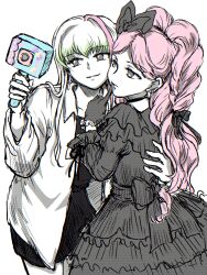 2girls absurdres amitukichi bare_legs black_choker black_dress black_gloves blunt_bangs braid camera casual choker closed_mouth cure_kiss cure_zukyuun dress earrings frilled_dress frilled_skirt frilled_sleeves frills gloves goth_fashion gothic_lolita green_hair hair_ribbon hands_on_another&#039;s_back highres holding holding_camera jacket jewelry kimi_to_idol_precure lolita_fashion long_hair mature_female multiple_earrings multiple_girls open_clothes open_jacket parted_bangs partially_colored pearl_earrings pink_hair pointing pointing_at_self pointing_up precure recording ribbon selfie selfie_stick shirt skirt smile tight_clothes tight_shirt touching_another&#039;s_back twin_braids twintails upper_body very_long_hair white_jacket