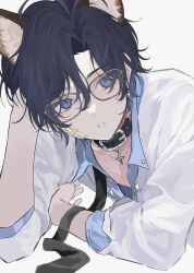Rule 34 | 1boy, animal ears, bandaid, bandaid on face, black hair, blue eyes, blue hair, collar, dog ears, earrings, glasses, head rest, highres, jewelry, long sleeves, looking at viewer, male focus, mole, mole under eye, necktie, original, parted lips, shirt, short hair, simple background, solo, tofu momen5, white background