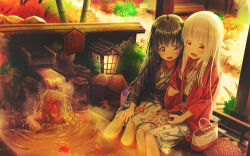Rule 34 | 2girls, aiuabo, autumn leaves, bag, bamboo, blush, brown eyes, brown hair, feet in water, female focus, highres, holding, holding pencil, japanese clothes, japanese macaque, lantern, leaf, long hair, monkey, multiple girls, onsen, open mouth, original, pencil, red eyes, sitting, steam, tagme, white hair