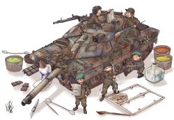 1other 5boys adjusting_eyewear arjay-the-lionheart beanie beret black_footwear black_headwear black_skin book boonie_hat boots bottle_cap bundeswehr camouflage camouflage_pants caterpillar_tracks closed_eyes colored_skin combat_boots combat_helmet cotton_swab cross flecktarn german_army german_flag german_text germany glasses green_headwear gun hand_on_own_hip hat helmet highres holding holding_book holding_brush iron_cross long_sleeves looking_at_another looking_at_object machine_gun mg42 military military_combat_uniform military_hat military_uniform military_vehicle motor_vehicle multiple_boys opaque_glasses open_book open_mouth original paint_tube painting_(action) pants patch reading round_eyewear signature soldier tamiya tank tank_helmet teeth tongue tongue_out toon_(style) toy turret vehicle_focus weapon white_background