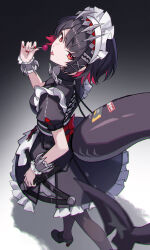 1girl absurdres apron black_hair black_pantyhose bow bowtie candy colored_inner_hair dress ellen_joe fins fish_tail food frilled_dress frilled_wrist_cuffs frills hair_ornament hairband highres holding holding_candy holding_food holding_lollipop lollipop looking_at_viewer maid maid_apron maid_headdress metal_hairband metal_wrist_cuffs mole mole_under_eye multicolored_hair nail_polish pantyhose puffy_short_sleeves puffy_sleeves red_bow red_bowtie red_eyes red_hair red_nails shali shark_girl shark_tail short_hair short_sleeves simple_background solo tail wrist_cuffs zenless_zone_zero