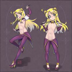 1girl :3 absurdres ahoge arm_behind_back arm_up armpits black_background blonde_hair blush closed_mouth cosplay demon_horns elementary_(lolipope) flat_chest full_body gloves green_eyes high_heels highres himesaka_noa holding holding_riding_crop horns lips loli long_hair looking_at_viewer lowleg lowleg_pants magia_baiser magia_baiser_(cosplay) mahou_shoujo_ni_akogarete makeup multiple_views navel nipples open_mouth pants bad_tag purple_footwear purple_gloves purple_pants riding_crop shadow shrug_(clothing) signature simple_background smile standing standing_on_one_leg stiletto_heels stomach surprised watashi_ni_tenshi_ga_maiorita!
