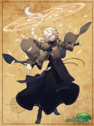 Rule 34 | 1boy, :d, alpaca connect, annih epica, black boots, black cape, black robe, boots, braid, brown background, brown tabard, cape, copyright name, falling petals, floating hair, flower, full body, fur-trimmed cape, fur trim, grey eyes, hair flower, hair ornament, hanon ssk, long hair, long sleeves, looking at viewer, magic circle, male focus, open mouth, orange flower, outstretched arms, petals, robe, single braid, sleeves past wrists, smile, solo, spread arms, tabard, very long hair, white hair