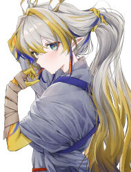 Rule 34 | 1girl, absurdres, arknights, arm wrap, blonde hair, blue hair, colored skin, dragon girl, dragon horns, earrings, from side, gradient hair, grey hair, highres, horns, jewelry, kei11525, long hair, looking at viewer, mouth hold, multicolored hair, shu (arknights), simple background, solo, streaked hair, sweat, tassel, tassel earrings, upper body, very long hair, white background, yellow skin