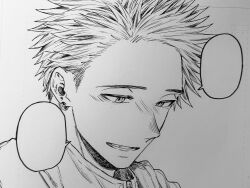 Rule 34 | 1boy, absurdres, blank speech bubble, commentary request, earclip, graphite (medium), highres, kaoru hana wa rin to saku, light smile, looking down, lower teeth only, mikami saka, monochrome, official art, parted lips, photo (medium), profile, shirt, short hair, solo, speech bubble, spiked hair, teeth, traditional media, tsumugi rintarou