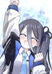 1girl :d ^_^ aqua_halo aris_(blue_archive) arm_up black_hair black_jacket blue_archive blue_background blue_hairband blue_jacket blue_necktie blush clenched_hands closed_eyes collared_shirt commentary facing_viewer hair_between_eyes hairband halo hand_up happy highres jacket long_hair long_hair_between_eyes long_sleeves loosely_tucked_bangs multicolored_jacket necktie one_side_up open_clothes open_jacket open_mouth parted_bangs puffy_long_sleeves puffy_sleeves raised_fist rectangular_halo reiremi school_uniform shirt smile solo two-sided_fabric two-sided_jacket upper_body white_background white_jacket white_shirt