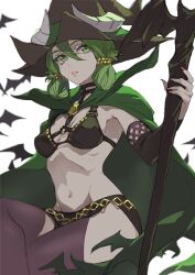 bat_(animal) bikini bikini_top_only black_skirt black_thighhighs breasts cloak freckles green_cloak green_eyes green_hair groin hair_between_eyes hat holding holding_staff horned_hat isa_(peien516) looking_at_viewer navel pelvic_curtain red_nails skirt staff stomach swimsuit thighhighs unicorn_overlord white_background witch witch_hat yahna_(unicorn_overlord)