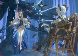 2girls absurdres arm_up armband bare_legs barefoot black_armband black_dress black_horns black_pants black_shoes black_tail blonde_hair chair commentary curled_horns demon_tail dress english_commentary faceoff fleurdelys_(wuthering_waves) folding_chair grey_hair high_heels highres holding holding_sword holding_weapon horns long_hair looking_at_another multicolored_hair multiple_girls noir_(noir_reveur) pants red_eyes shirt shoes single_horn sitting streaked_hair sword tail toes weapon white_shirt wuthering_waves yellow_horns zani_(wuthering_waves)