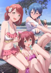 Rule 34 | 3girls, :d, :o, aiscream (love live!), aqua eyes, bench, bikini, blue bikini, blue hair, blue sky, breasts, brown hair, closed mouth, cloud, day, green eyes, hair bun, highres, holding, holding ice cream cone, ice cream cone, kurosawa ruby, large breasts, love live!, love live! sunshine!!, love live! superstar!!, medium breasts, multiple girls, navel, open mouth, outdoors, pink bikini, purple bikini, red eyes, red hair, shamakho, short hair, short twintails, single hair bun, sitting, sky, small breasts, smile, stomach, swimsuit, twintails, uehara ayumu, wakana shiki