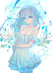 1girl aqua_eyes aqua_hair blue_flower braid breasts caustics character_request choker clear_world cleavage cowboy_shot dress flower french_braid lack leaf long_hair multicolored_eyes red_eyes ribbon solo white_background white_dress white_flower