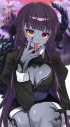 1girl artist_request breasts character_request horns large_breasts long_tongue red_eyes source_request tagme tongue yellow_eyes