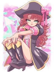 1girl :p black_skirt blush cape cross-laced_clothes curly_hair dragon_quest dragon_quest_vii dress full_body green_eyes hat jewelry long_hair looking_at_viewer maribel_(dq7) minashirazu pirate_hat pleated_skirt red_hair ring skirt smile solo tongue tongue_out