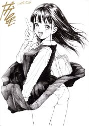 1girl accidental_exposure bag blush clothes_lift commentary_request cowboy_shot fingernails gagaimo greyscale highres long_hair long_sleeves looking_at_viewer monochrome neck_ribbon open_mouth original ribbon school_bag shirt shoulder_bag skirt skirt_lift smile solo tearing_up teeth v white_background