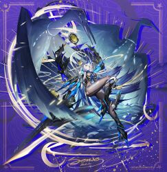 1girl absurdres artist_name bird black_bodysuit black_boots blue_hair blue_horns bodysuit boots breasts crosscore dk.senie full_body green_eyes highres holding holding_behind_back holding_weapon_behind_back horns huge_weapon large_breasts looking_at_viewer mechanical_wings pelvic_curtain purple_background solo weapon white_hair wings