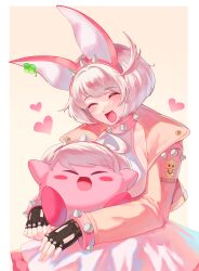 1girl :d absurdres ahoge animal_ear_hairband animal_ears arms_up black_gloves blush bob_cut bracelet breasts closed_eyes clover collar commentary copy_ability cowboy_shot creature cropped_jacket dress elphelt_valentine english_commentary fake_animal_ears fang fingerless_gloves four-leaf_clover gloves grin guilty_gear guilty_gear_strive hairband halterneck heart highres holding holding_creature jacket jewelry jojcachu kirby kirby_(series) nintendo open_mouth pink_collar pink_hairband pink_jacket rabbit_ear_hairband rabbit_ears short_hair sideboob sleeveless sleeveless_dress smile spiked_bracelet spiked_collar spiked_hairband spiked_jacket spikes white_dress white_hair
