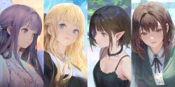 4girls absurdres black_dress black_hair blonde_hair blue_eyes brown_hair character_request copyright_request ddal dress fern_(sousou_no_frieren) grey_eyes highres lips multiple_girls purple_eyes sousou_no_frieren white_dress