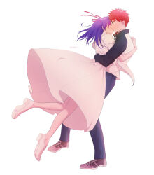 Rule 34 | 1boy, 1girl, assertive female, blush, closed eyes, denim, dress, emiya shirou, fate (series), feet, hair ribbon, high heels, highres, hug, jacket, jeans, kiss, legs, long hair, matou sakura, medium hair, pants, purple hair, red hair, ribbon, short hair, surprised, sweatdrop, thighs, yellow eyes